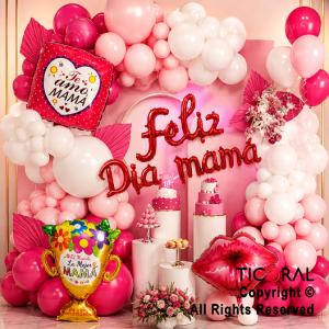 SET DE GLOBOS ARCO XL FELIZ DIA MAMA BESO Y CANASTA DE FLORES (GY 7429) 57 UNIDADES (XY04812)